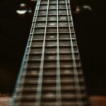 Artistic close-up of a guitar fretboard focusing on the strings and frets with a depth of field effect.