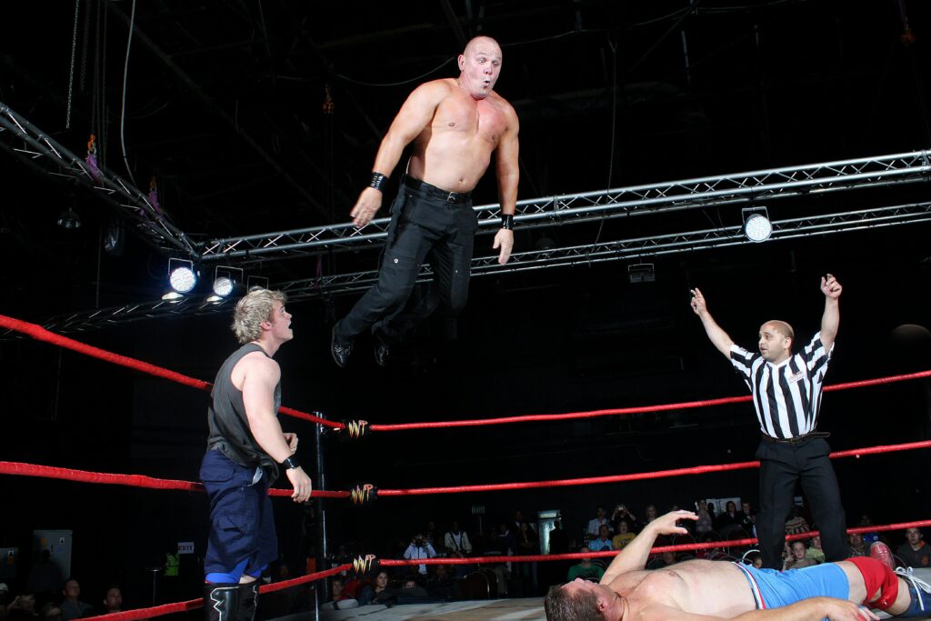 Exciting wrestling match captures athleticism and drama in the ring.